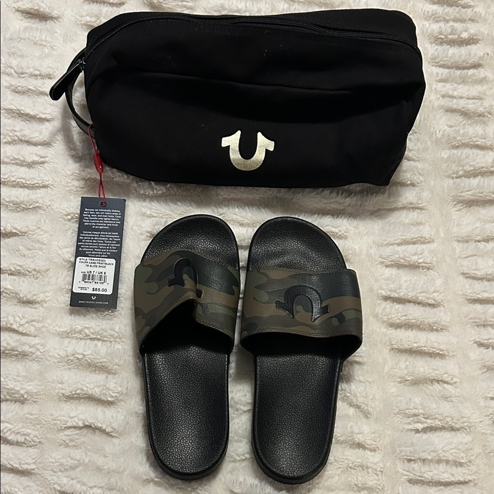 True Religion Men's Black and Green Camouflage Slides